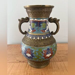 Antique Meiji Era Champleve Japanese Bronze & Enamel Vase